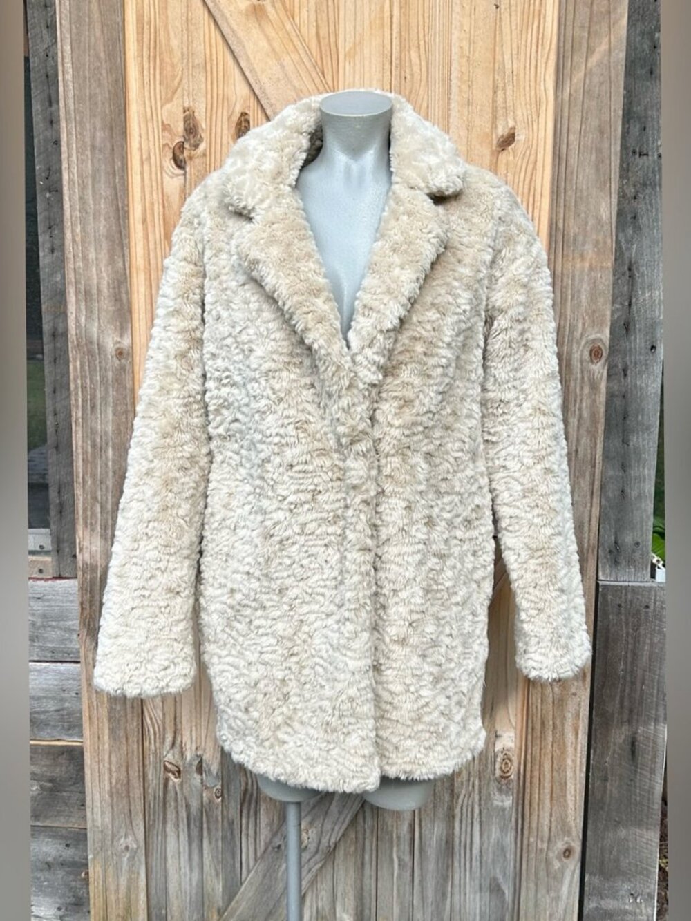 Calvin Klein Ivory Cream Mid Length Faux Persian Lamb Fur Coat~M~